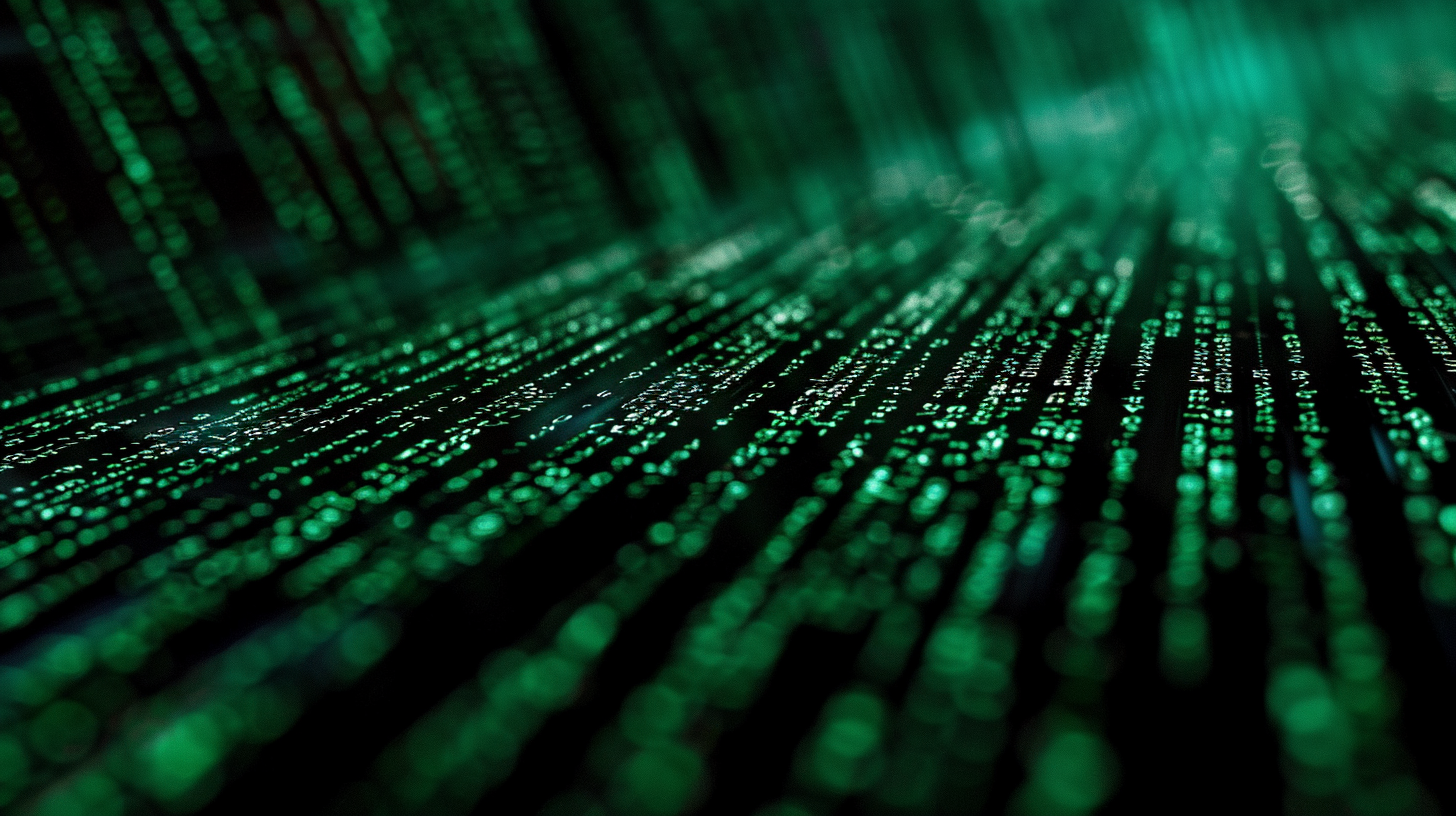 Illustration af kode med grøn tekst på sort baggrund i 3D